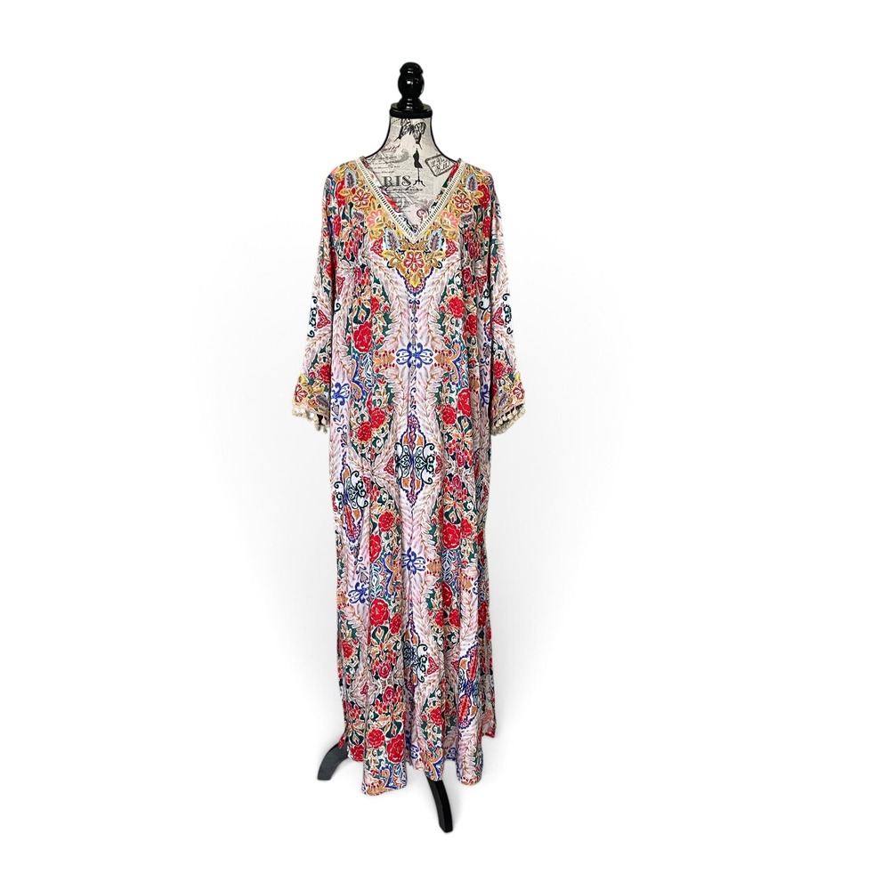 Soft Surroundings Maxi Dress Womens 2X Multicolor Floral Embroidered Tassel Boho